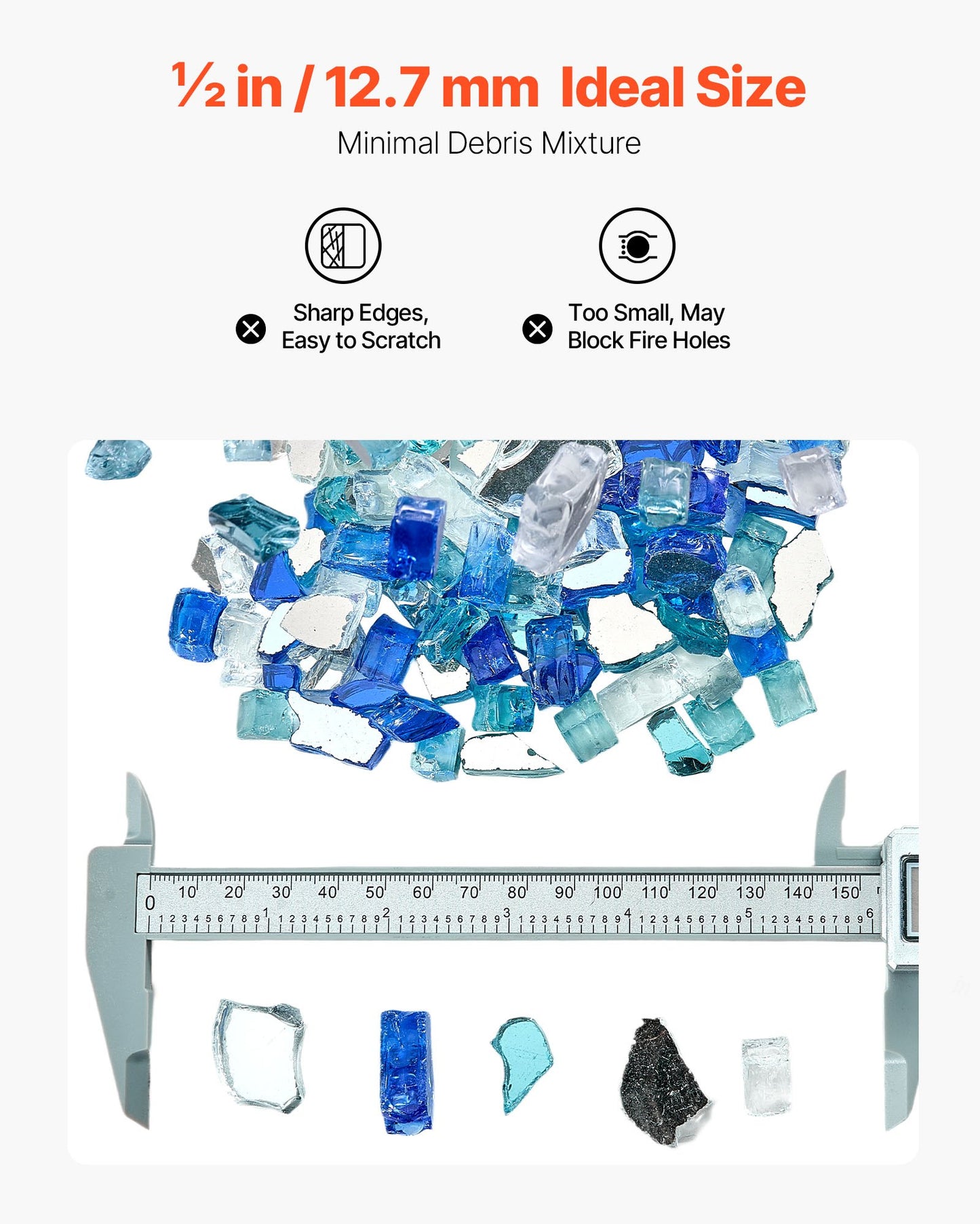 Eldglas, 4,5 kg eldstadsstenar, 12,7 mm reflekterande eldstadsglassten, högglans och rökfri sten för eldstadsbord, koboltblå + aquablå + klar