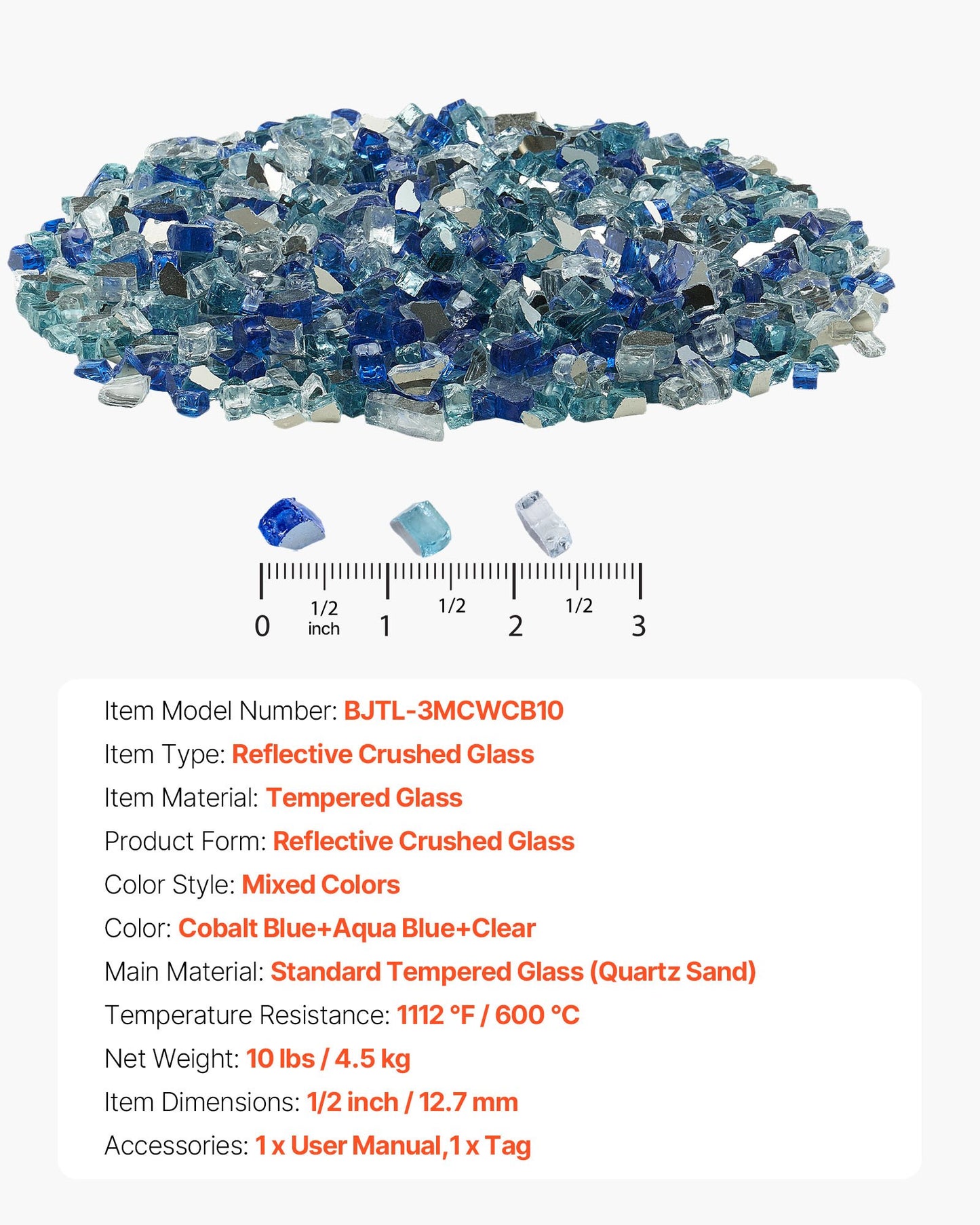 Eldglas, 4,5 kg eldstadsstenar, 12,7 mm reflekterande eldstadsglassten, högglans och rökfri sten för eldstadsbord, koboltblå + aquablå + klar