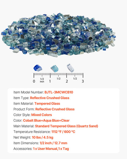 Eldglas, 4,5 kg eldstadsstenar, 12,7 mm reflekterande eldstadsglassten, högglans och rökfri sten för eldstadsbord, koboltblå + aquablå + klar