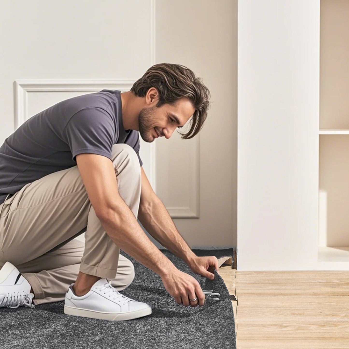 - Halksäker mattunderlägg - Skyddande, dämpande mattunderlägg - 2,4 m x 3 m - 0,6 mm tjockt - Dubbel yta - Polyesterfilt + latex - Grå - 1,8–2,4 m area för mattunderlägg, säker för alla golv