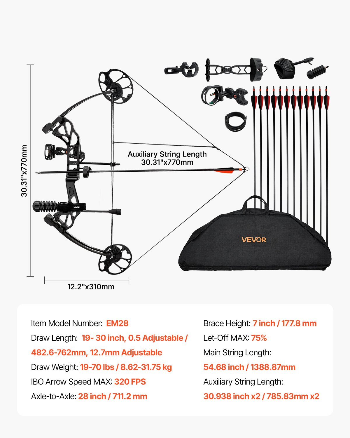 Compound Bow Archery, Adjustable 19-30 in Draw Length Compound Bow Package for Beginner, 19-70 Lbs Draw Weight Archery Bows and Arrow Set, Right Hand Kit with Hunting Equipment, 320 fps, Black