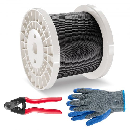 Stålvajersats, 1/8" 500 fot 316 rostfritt stålvajer med avbitare och handskar, 1600 lbs brottstyrka, 7x7 trådar kärna marin flygplanskvalitet för ledstång, trappstängsel utomhus, svart