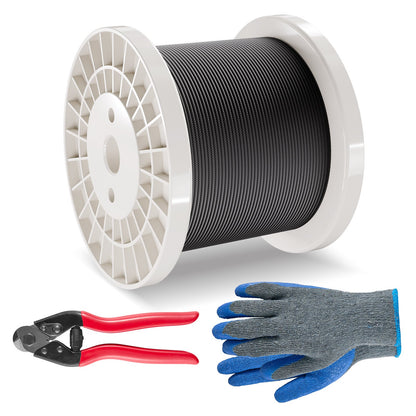 Stålvajersats, 1/8" 500 fot 316 rostfritt stålvajer med avbitare och handskar, 1600 lbs brottstyrka, 7x7 trådar kärna marin flygplanskvalitet för ledstång, trappstängsel utomhus, svart