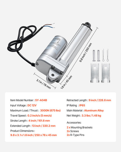 12V Linear Actuator, 101.6mm Stroke IP65 Waterproof Linear Actuator, 3000N 5mm/s Motion Actuators with Mounting Brackets for Solar Trackers, Industrial Machinery, Door Opener
