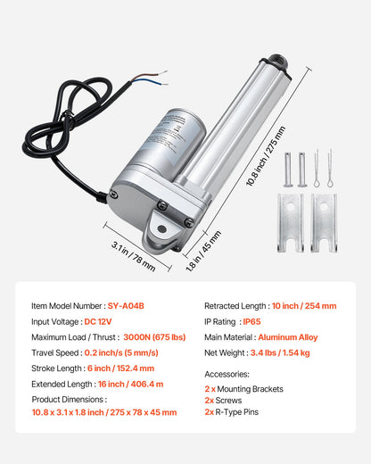 12V Linear Actuator, 152.4mm Stroke IP65 Waterproof Linear Actuator, 3000N 5mm/s Motion Actuators with Mounting Brackets for Solar Trackers, Industrial Machinery, Door Opener