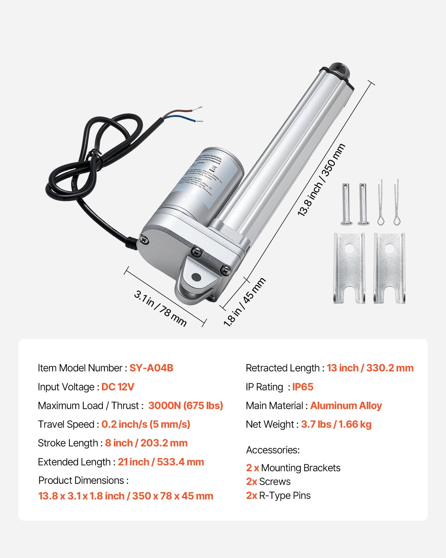 12V Linear Actuator, 203.2mm Stroke IP65 Waterproof Linear Actuator, 675lbs/3000N 0.2"/s Motion Actuators with Mounting Bracket for Solar Trackers, Industrial Machinery, Door Opener