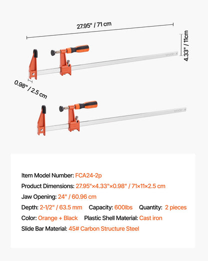 Bar Clamps for Woodworking, 2-Pack 61 cm Opening, Lockable F-Clamp with 272 kg Load Limit, 63.5 mm Depth, Cast Iron and Carbon Steel, Easy to Use, Wood Clamps for Woodworking Metal Working