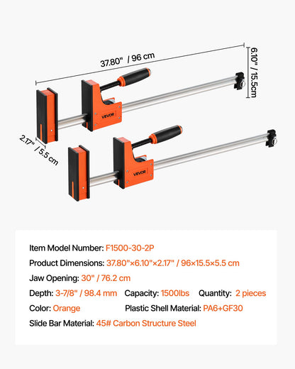 Bar Clamps for Woodworking, 2-Pack 76.2 cm Parallel Clamp Set, F-Clamp with 680 kg Load Limit, Even Pressure, High-strength Plastic and Carbon Steel, for Woodworking Metal Working, Orange