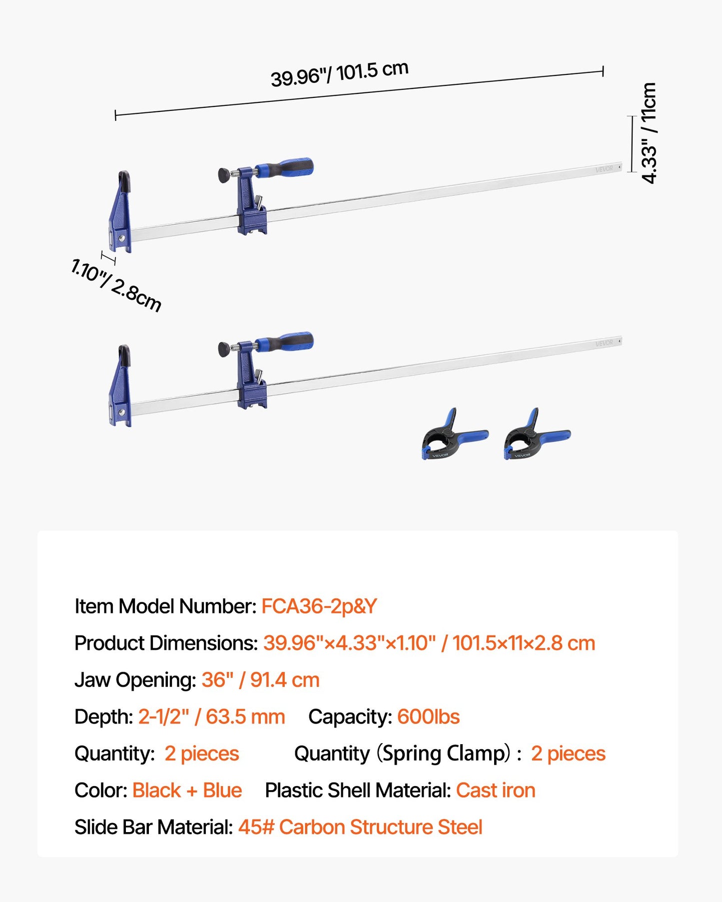 Bar Clamps for Woodworking, 2-Pack 91.4 cm Opening, Lockable F-Clamp with 272 kg Load Limit,63.5 mm Depth, Cast Iron and Carbon Steel, Easy to Use, Wood Clamps for Woodworking Metal Working