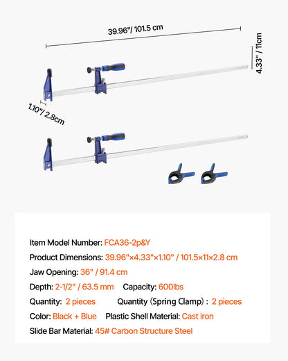 Bar Clamps for Woodworking, 2-Pack 91.4 cm Opening, Lockable F-Clamp with 272 kg Load Limit,63.5 mm Depth, Cast Iron and Carbon Steel, Easy to Use, Wood Clamps for Woodworking Metal Working