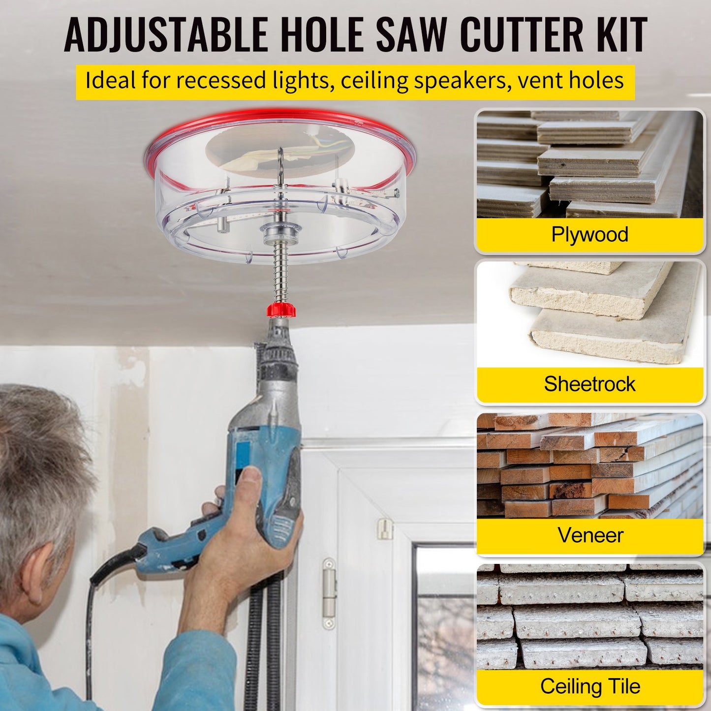 Adjustable Hole Saw Cutter Kit, 1-5/8" to 8" (40-200 mm), Twin Blade Recessed Hole Saw with PC Dust Shield, Two Replaceable Pilot Drill Bits, for Recessed Lights, Ceiling Speakers, Vent Holes