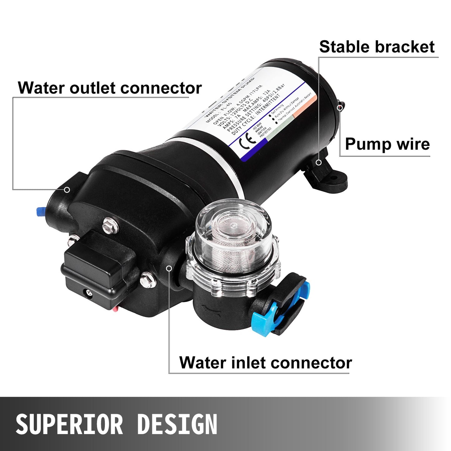 Water Pressure Diaphragm Pump, 12V FL-40 High Pressure Diaphragm Water Pump, 2.7 bar(40PSI) Automatic Self Priming Water Pump, 17L/MIN Misting Booster Sprayer Diaphragm Pump for Caravan Boat RV Garden