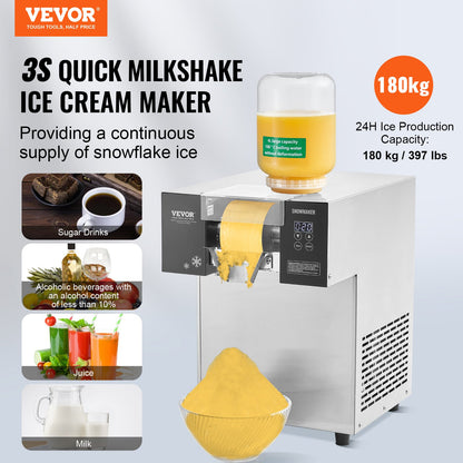 Commercial Snowflake Ice Machine, 397LBS/24H Snowflake Ice Maker, Stainless Steel Ice Shaver Machine, Electric Snow Cone Maker, Air Cooling System for Rapid Heat Dissipation, for Bakery, Cafe