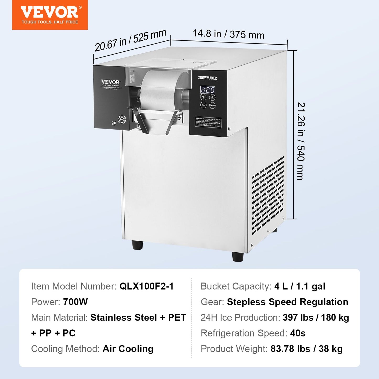 Commercial Snowflake Ice Machine, 397LBS/24H Snowflake Ice Maker, Stainless Steel Ice Shaver Machine, Electric Snow Cone Maker, Air Cooling System for Rapid Heat Dissipation, for Bakery, Cafe