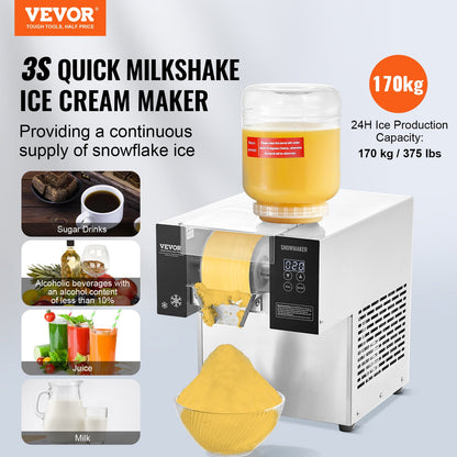 Commercial Snowflake Ice Machine, 375LBS/24H Snowflake Ice Maker, Stainless Steel Ice Shaver Machine, Electric Snow Cone Maker, Air Cooling System for Rapid Heat Dissipation, for Bakery, Cafe