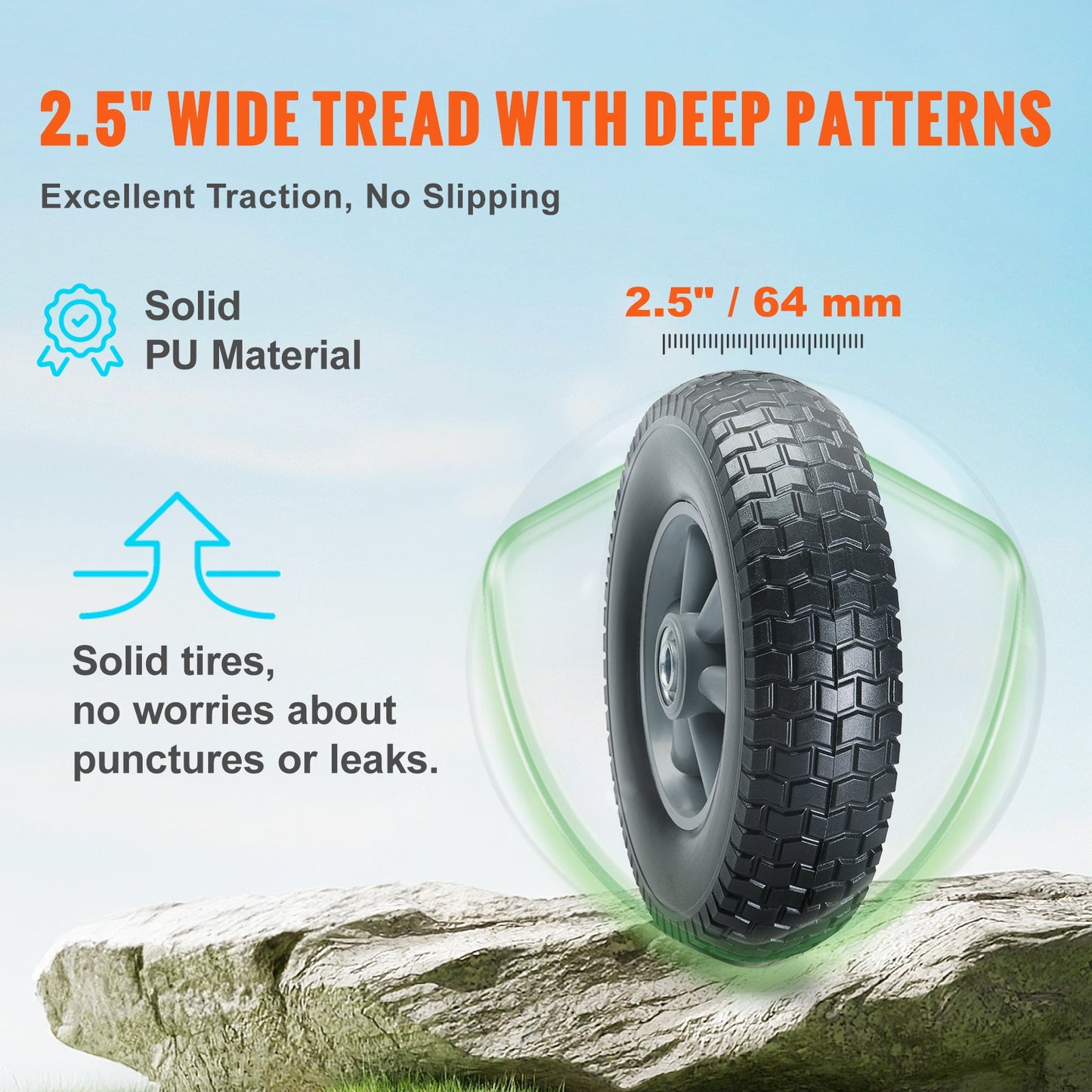 Solid PU Run-Flat Tire Wheel, 25.4 cm, 2-Pack, 81.6 kg Dynamic Load, 99.8 kg Static Load, Flat Free Tubeless Tires and Wheels for Hand Truck, Utility Cart, Dollies, Garden Trailers, Various Carts