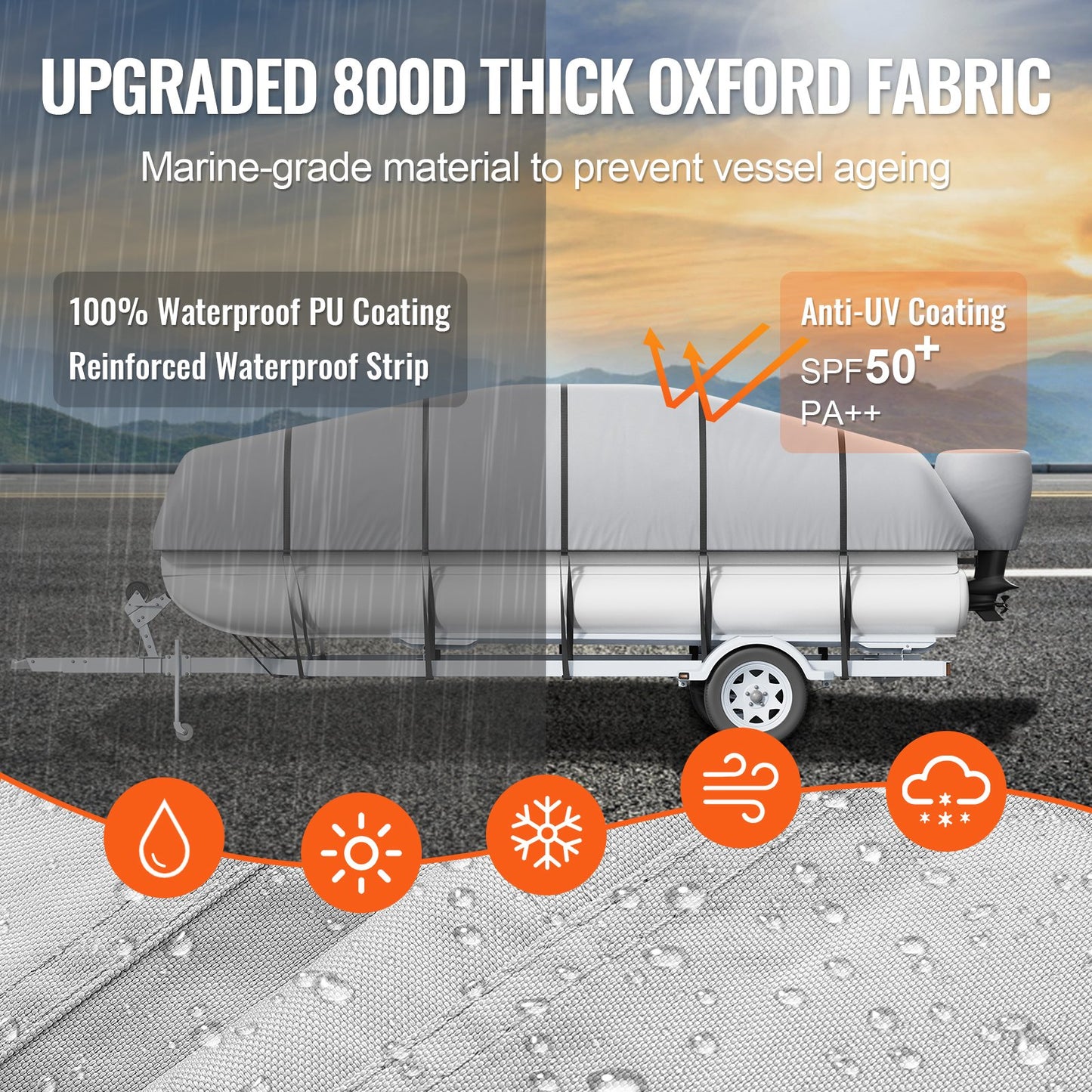 Pontonbåtskapell, 19-20 fot vattentätt släpvagnsbart pontonkapell, 800D marin PU Oxford-tyg, med motorkapell, 16 vindtäta spännremmar, passar för 19-20 fot långa båtar, balkbredd upp till 96 tum, grå