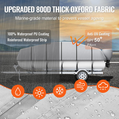 Pontonbåtskapell, 19-20 fot vattentätt släpvagnsbart pontonkapell, 800D marin PU Oxford-tyg, med motorkapell, 16 vindtäta spännremmar, passar för 19-20 fot långa båtar, balkbredd upp till 96 tum, grå