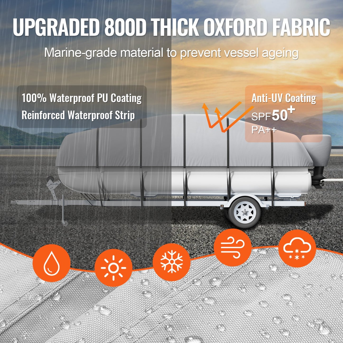Pontonbåtskapell, 23'-24' vattentätt släpvagnsbart pontonkapell, 800D marin PU Oxford-tyg, med motorkapell, 16 vindtäta spännremmar, passar för 23'-24' L, balkbredd upp till 102", grå