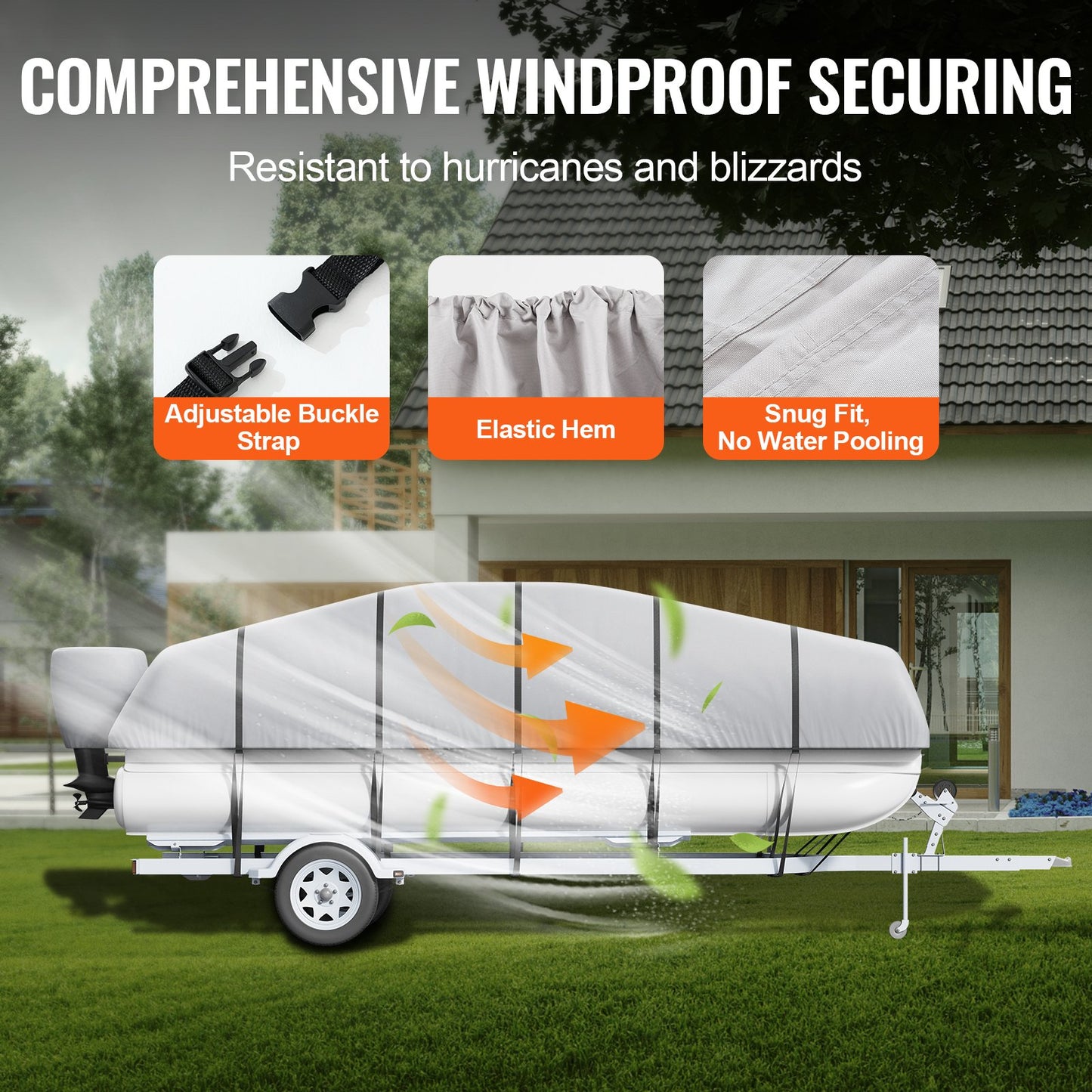 Pontonbåtskapell, 23'-24' vattentätt släpvagnsbart pontonkapell, 800D marin PU Oxford-tyg, med motorkapell, 16 vindtäta spännremmar, passar för 23'-24' L, balkbredd upp till 102", grå