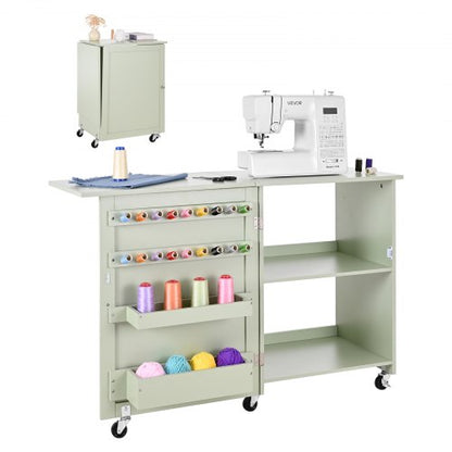 Hopfällbart sybord, multifunktionellt symaskinsbord med kompakt design, hjul, träpinnar, förvaringsbrickor och hyllplan, magnetiskt dörrlås, hobbystation och sidobord för hemmet, ljusgrön