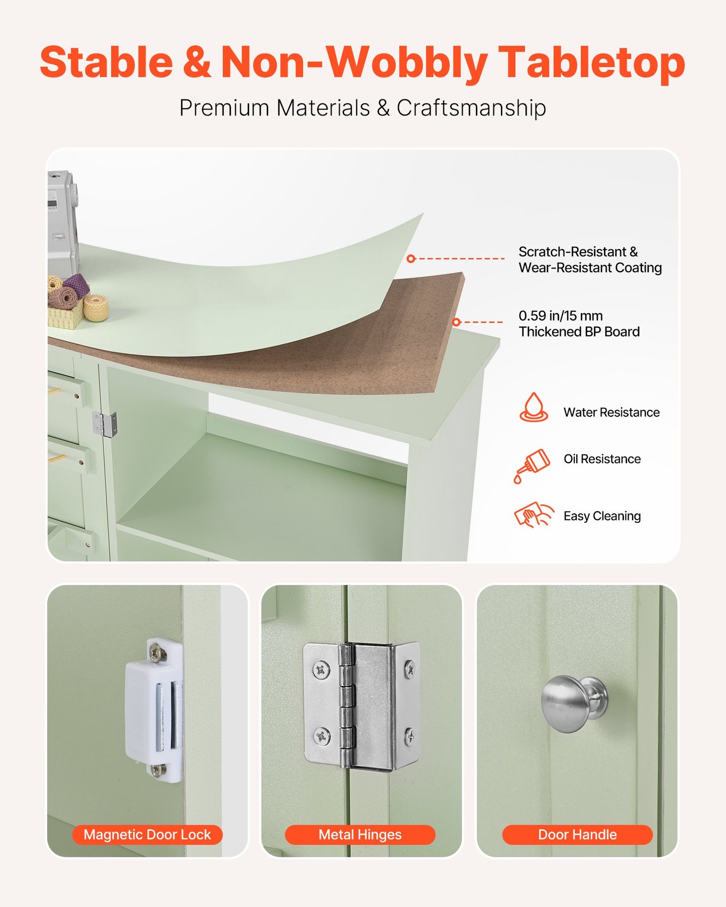 Hopfällbart sybord, multifunktionellt symaskinsbord med kompakt design, hjul, träpinnar, förvaringsbrickor och hyllplan, magnetiskt dörrlås, hobbystation och sidobord för hemmet, ljusgrön