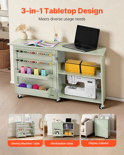 Hopfällbart sybord, multifunktionellt symaskinsbord med kompakt design, hjul, träpinnar, förvaringsbrickor och hyllplan, magnetiskt dörrlås, hobbystation och sidobord för hemmet, ljusgrön