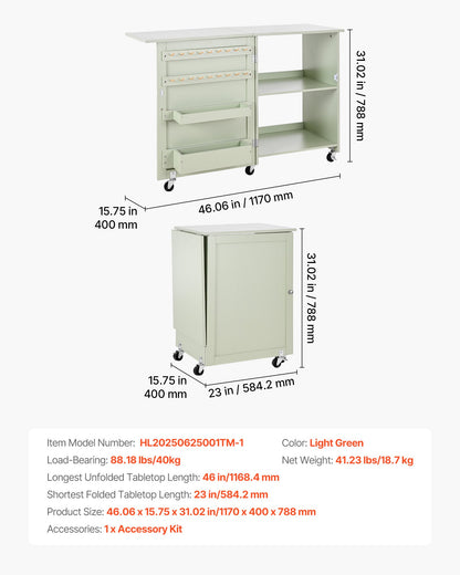 Hopfällbart sybord, multifunktionellt symaskinsbord med kompakt design, hjul, träpinnar, förvaringsbrickor och hyllplan, magnetiskt dörrlås, hobbystation och sidobord för hemmet, ljusgrön
