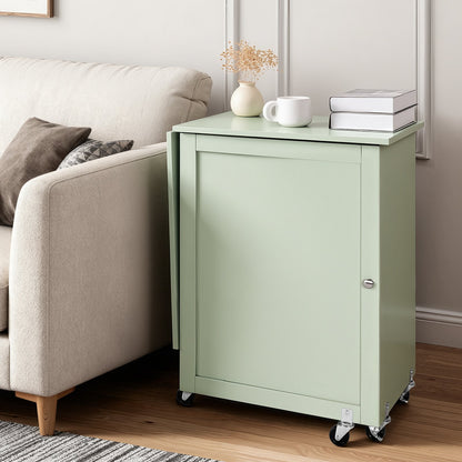 Hopfällbart sybord, multifunktionellt symaskinsbord med kompakt design, hjul, träpinnar, förvaringsbrickor och hyllplan, magnetiskt dörrlås, hobbystation och sidobord för hemmet, ljusgrön