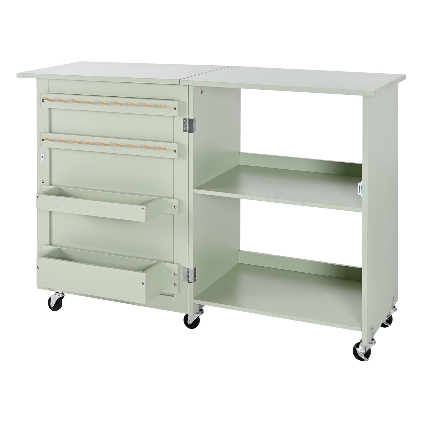 Hopfällbart sybord, multifunktionellt symaskinsbord med kompakt design, hjul, träpinnar, förvaringsbrickor och hyllplan, magnetiskt dörrlås, hobbystation och sidobord för hemmet, ljusgrön