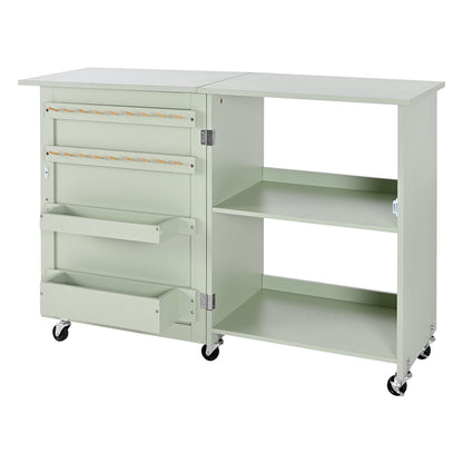 Hopfällbart sybord, multifunktionellt symaskinsbord med kompakt design, hjul, träpinnar, förvaringsbrickor och hyllplan, magnetiskt dörrlås, hobbystation och sidobord för hemmet, ljusgrön