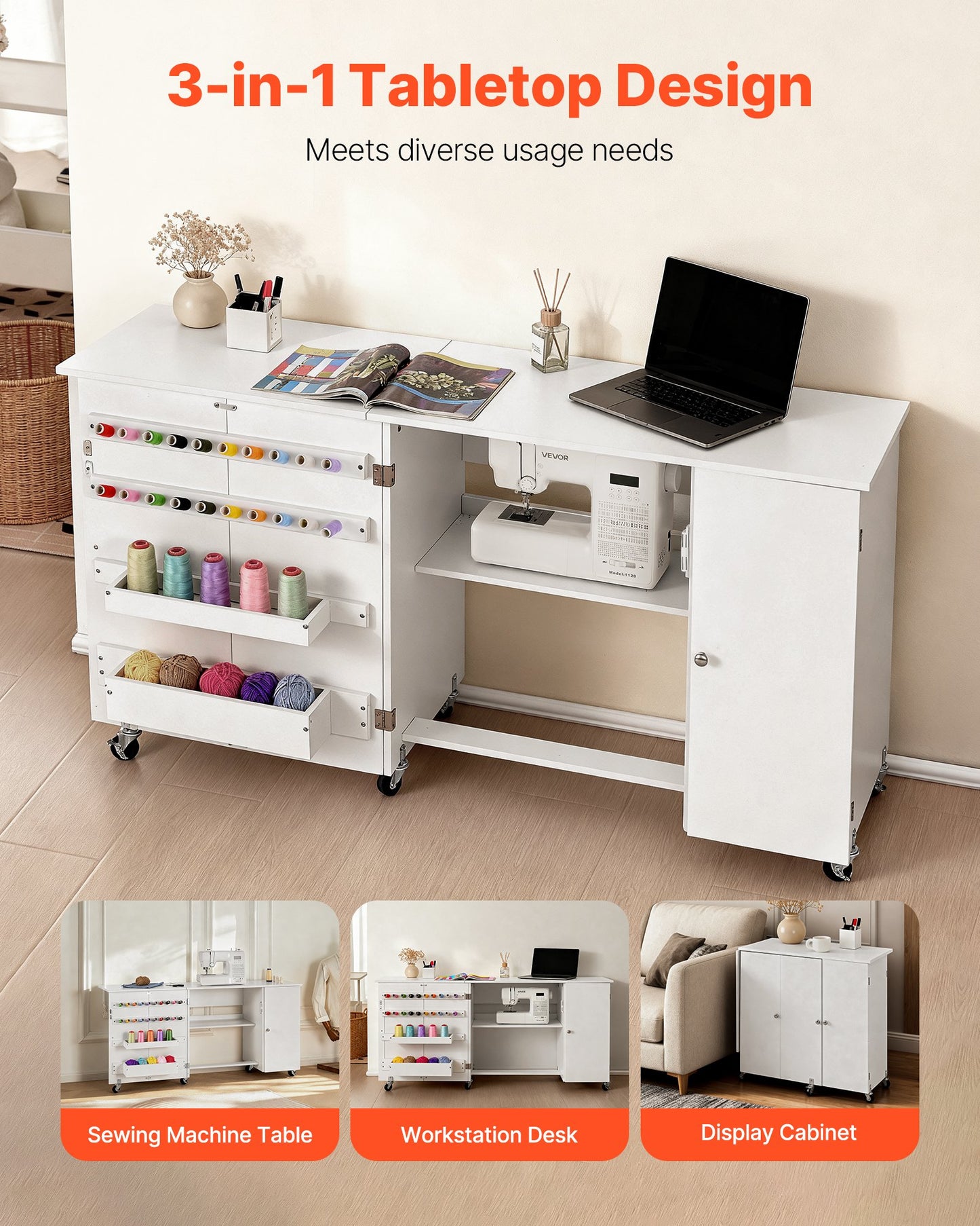 Hopfällbart sybord, multifunktionellt symaskinsbord med skåp, kompakt design, hjul, träpinnar, förvaringsfack och hyllplan, magnetisk dörr, hobbystation och sidobord för hemmet, vit