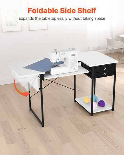Sewing Table, Multipurpose Sewing Machine Table with Drawers, Foldable Side Shelf, Adjustable Shelf, Steel Legs, Computer Desk for Home, Fashion Studio, Art Studio, Educational Institution