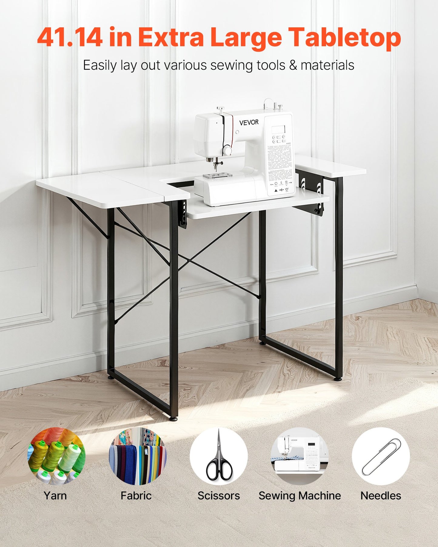 Sewing Table, Multipurpose Sewing Machine Table with Foldable Side Shelf, Adjustable Shelf, Steel Legs, Computer Desk for Home, Fashion Studio, Art Studio, Educational Institution, White