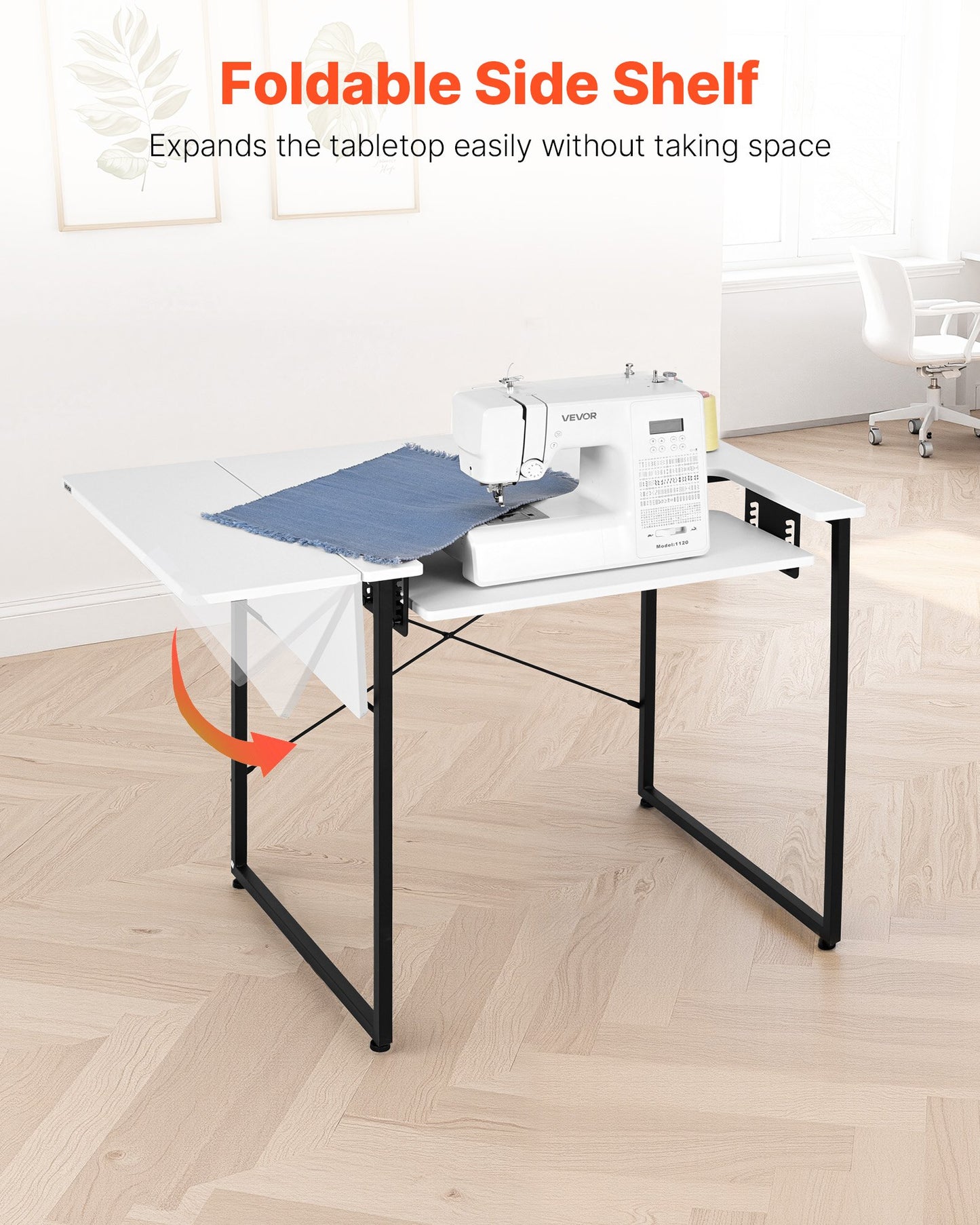 Sewing Table, Multipurpose Sewing Machine Table with Foldable Side Shelf, Adjustable Shelf, Steel Legs, Computer Desk for Home, Fashion Studio, Art Studio, Educational Institution, White