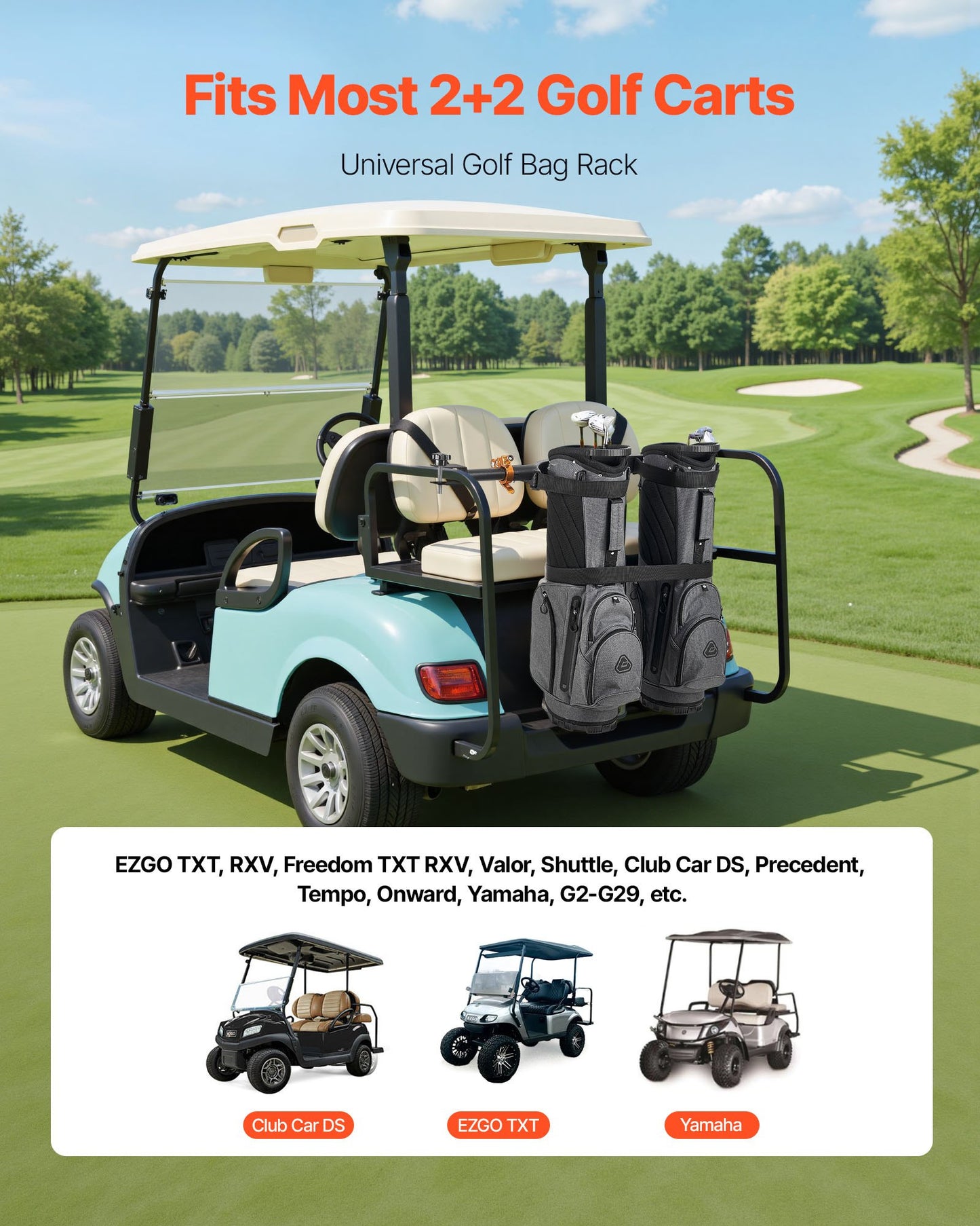 Hållare för golfbilsbag, 1370 x 195 x 60,5 mm, kompatibel med de flesta 2+2 golfbilars baksäten med 1,2-tums fyrkantiga rör, justerbar klubbhållare för baksätet med rem, ingen borrning krävs