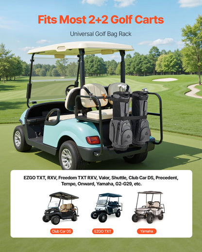 Hållare för golfbilsbag, 1370 x 195 x 60,5 mm, kompatibel med de flesta 2+2 golfbilars baksäten med 1,2-tums fyrkantiga rör, justerbar klubbhållare för baksätet med rem, ingen borrning krävs