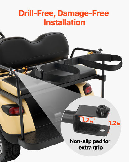 Hållare för golfbilsbag, 1370 x 195 x 60,5 mm, kompatibel med de flesta 2+2 golfbilars baksäten med 1,2-tums fyrkantiga rör, justerbar klubbhållare för baksätet med rem, ingen borrning krävs