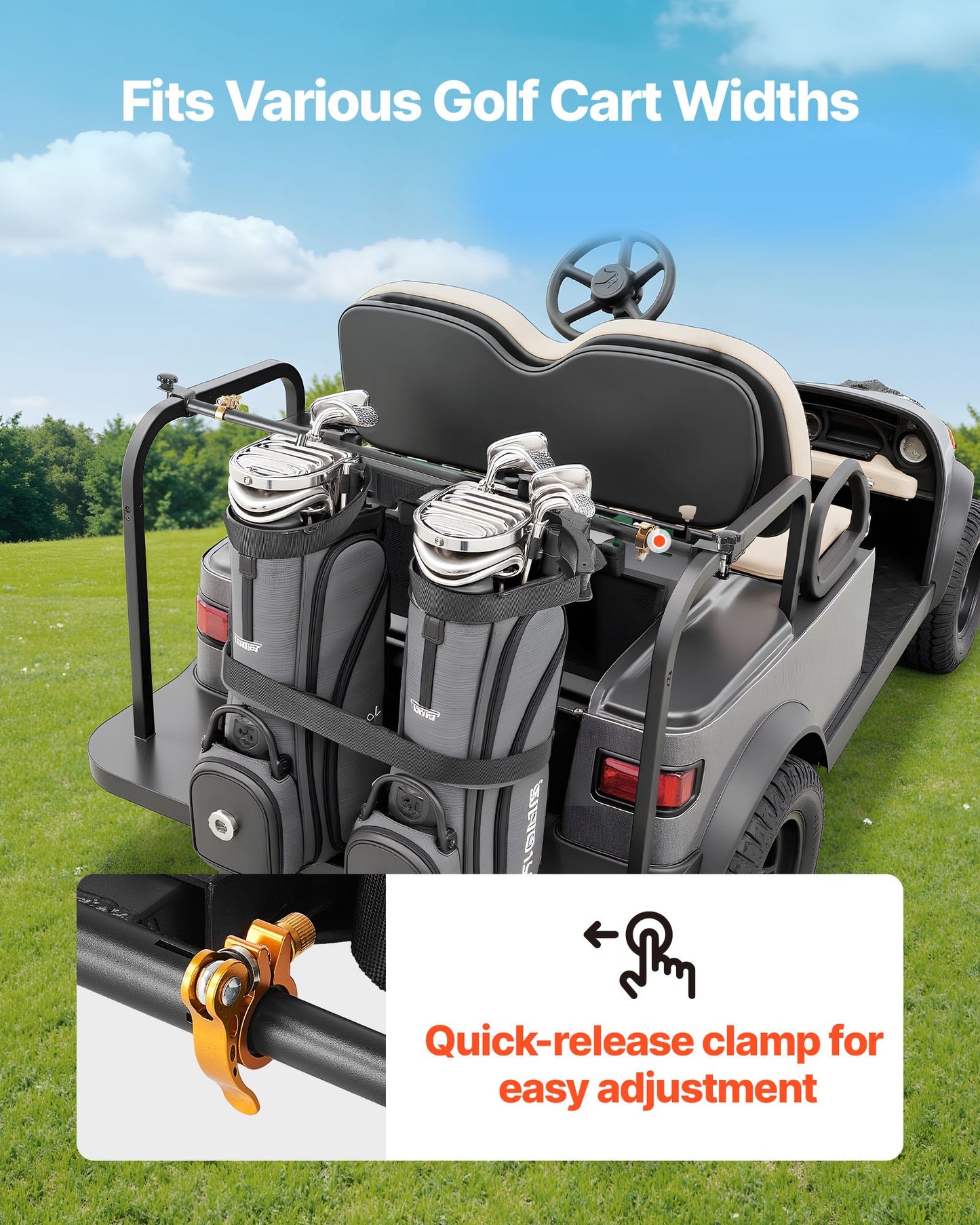 Hållare för golfbilsbag, 1370 x 195 x 60,5 mm, kompatibel med de flesta 2+2 golfbilars baksäten med 1,2-tums fyrkantiga rör, justerbar klubbhållare för baksätet med rem, ingen borrning krävs