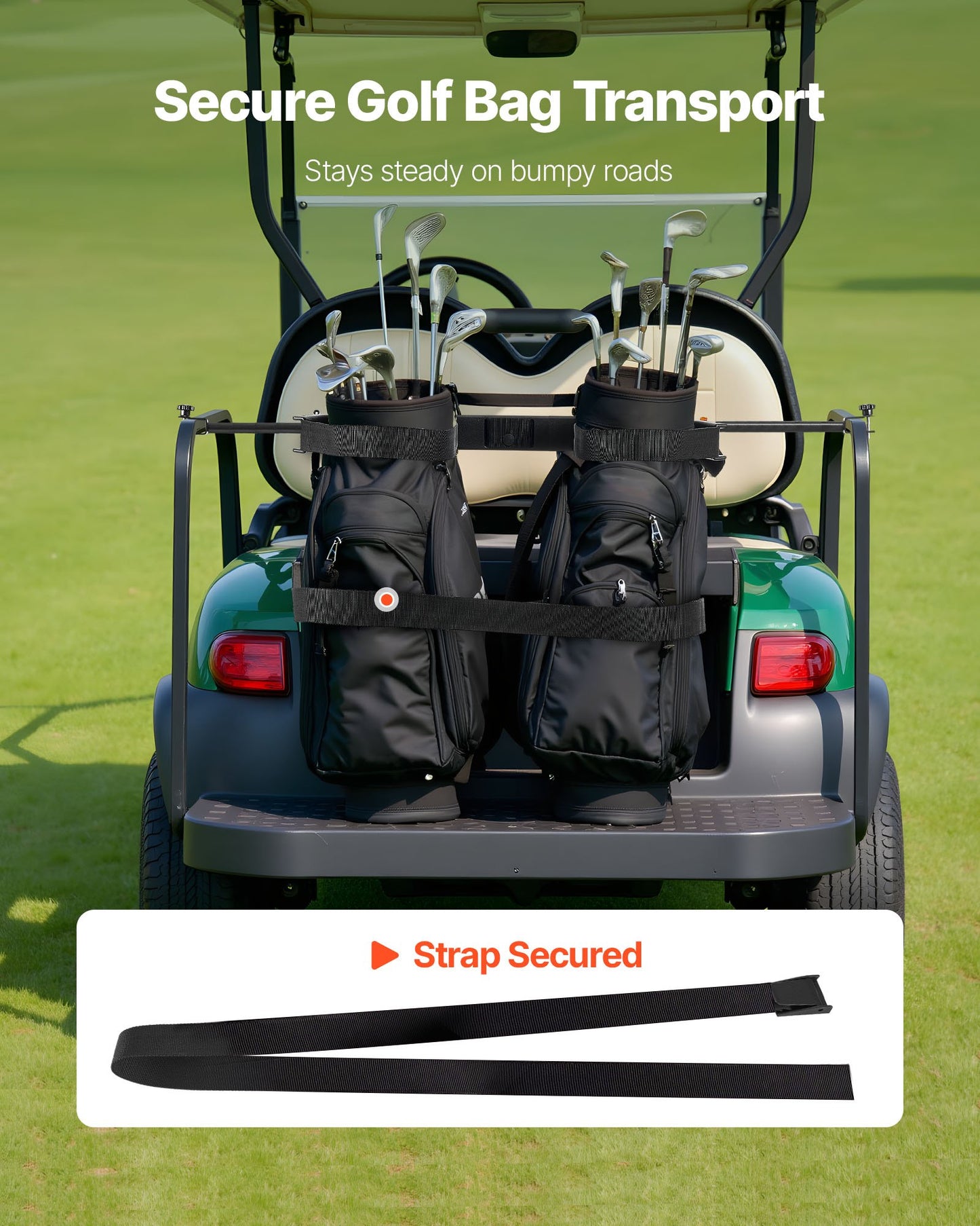 Hållare för golfbilsbag, 1370 x 195 x 60,5 mm, kompatibel med de flesta 2+2 golfbilars baksäten med 1,2-tums fyrkantiga rör, justerbar klubbhållare för baksätet med rem, ingen borrning krävs