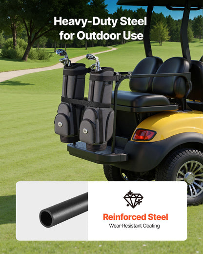 Hållare för golfbilsbag, 1370 x 195 x 60,5 mm, kompatibel med de flesta 2+2 golfbilars baksäten med 1,2-tums fyrkantiga rör, justerbar klubbhållare för baksätet med rem, ingen borrning krävs