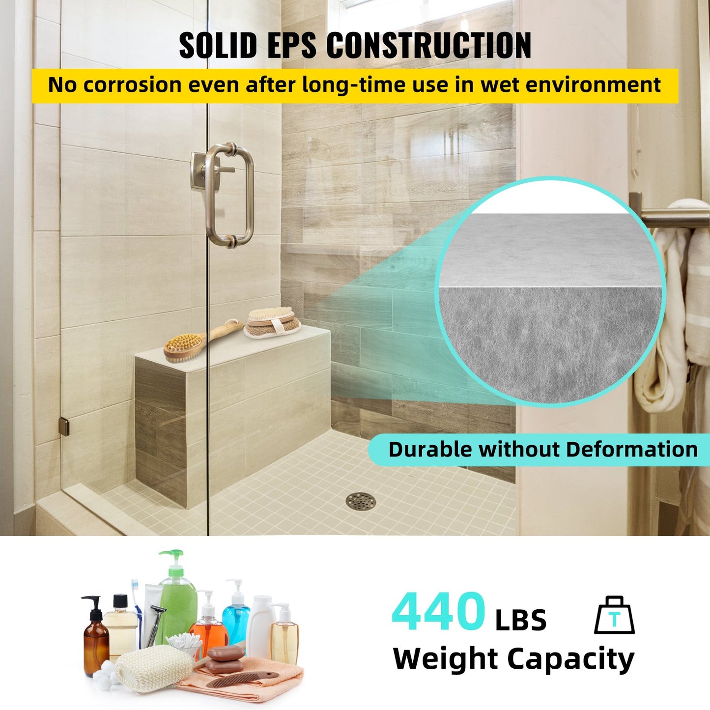 Tile Shower Seat, 38.2" x 11.4" x 20" Ready To Tile Shower Seat, Factory Waterproof & 100% Leak Proof Tileable Shower Corner Seat, 440 lbs Load-bearing Rectangular Board Shower Bench