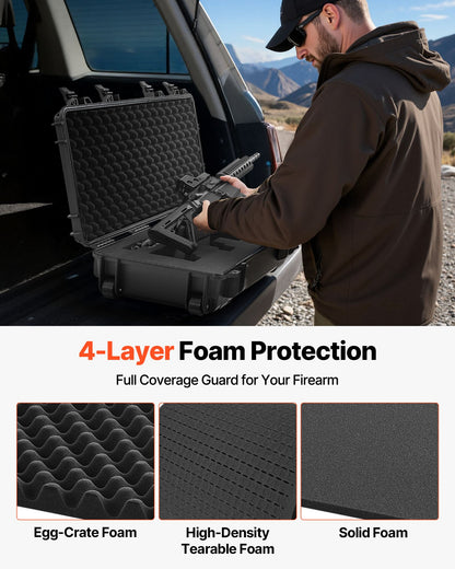 Hård gevärsväska, låsbar gevärsväska med förskurna skum, 1016 mm vapenförvaring med hjul, IP67 vattentät och dammtät flyttbar stor pistolförvaring för gevär, hagelgevär, airsoftvapen, svart