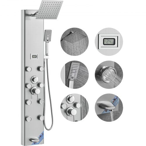 Shower Panel System, 6 Shower Modes, Digital Display Shower Panel Tower, Rainfall, 8 Massage Jets, Tub Spout, 3-Setting Handheld Shower Head 59" Hose, Stainless Steel Wall-Mounted Shower Set