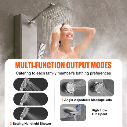 Shower Panel System, 6 Shower Modes, Digital Display Shower Panel Tower, Rainfall, 8 Massage Jets, Tub Spout, 3-Setting Handheld Shower Head 59" Hose, Stainless Steel Wall-Mounted Shower Set