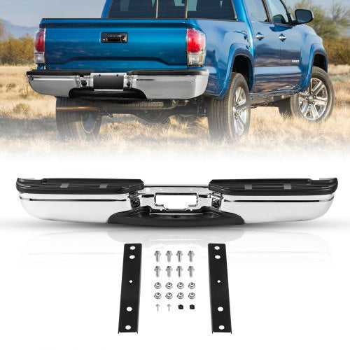 Bakre stötfångare, kompatibel med 1999-2007-Ford F250/Ford F350 Super Duty, stötfångare i kromstål, reservdel för bakre stötfångare med registreringsskyltsbelysning och fotsteg, för FO1101141