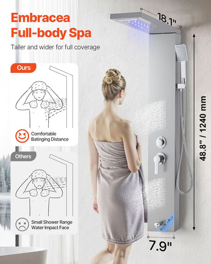Shower Panel Tower System with Rainfall Waterfall Shower Head, LED, 53 in Brushed Stainless Steel Shower Column, 5-Function Faucet, Wall-Mount Rain Massage System, with Handheld, Tub Spout