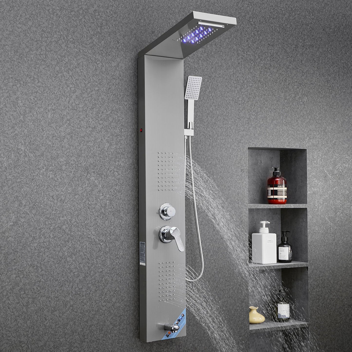 Shower Panel Tower System with Rainfall Waterfall Shower Head, LED, 53 in Brushed Stainless Steel Shower Column, 5-Function Faucet, Wall-Mount Rain Massage System, with Handheld, Tub Spout