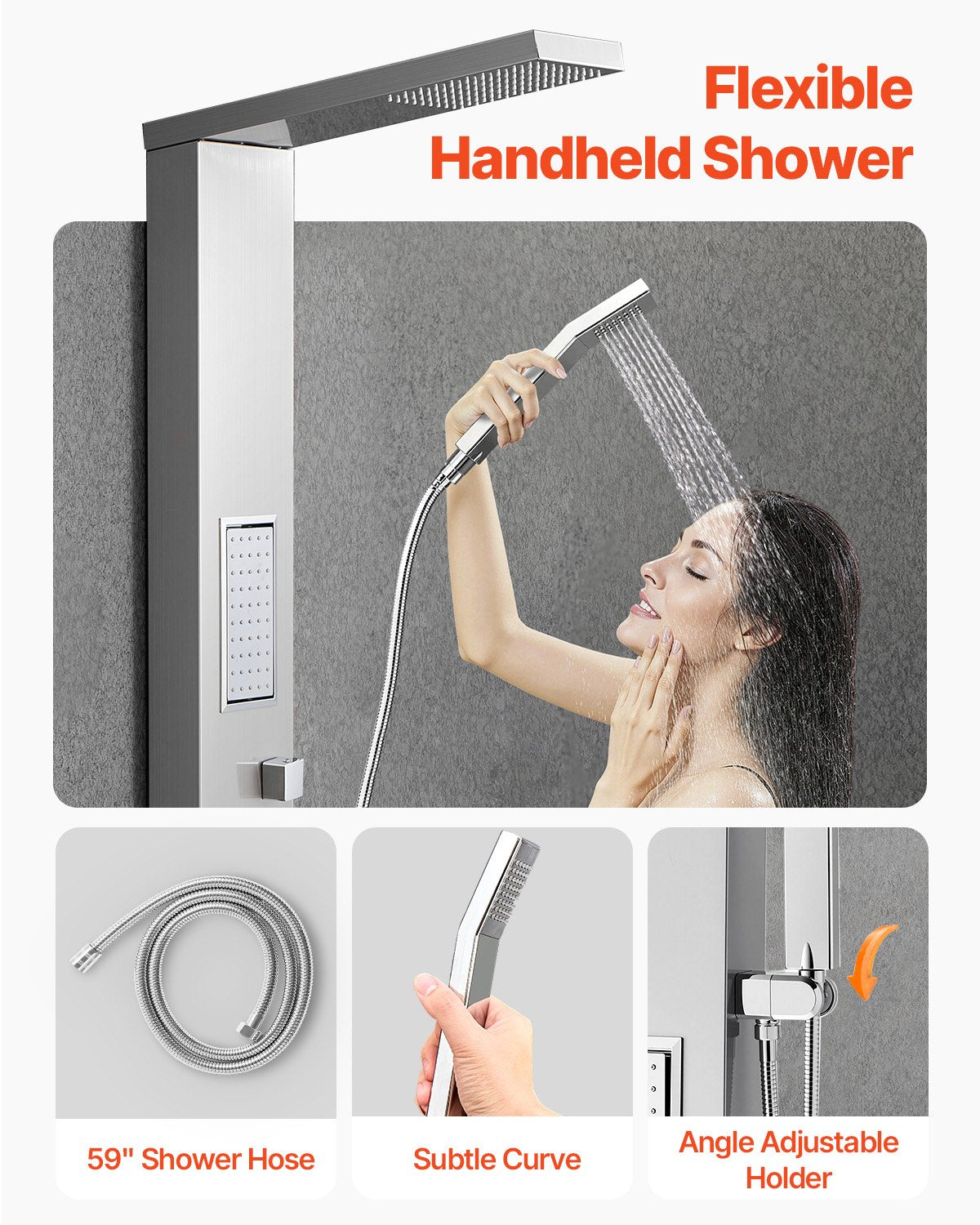 Shower Panel Tower System with Rainfall Shower Head, 53 in Brushed Stainless Steel Shower Column, 3-Function Faucet, High Pressure Wall-Mount Rain Massage System, with Large Body Jet, Handheld