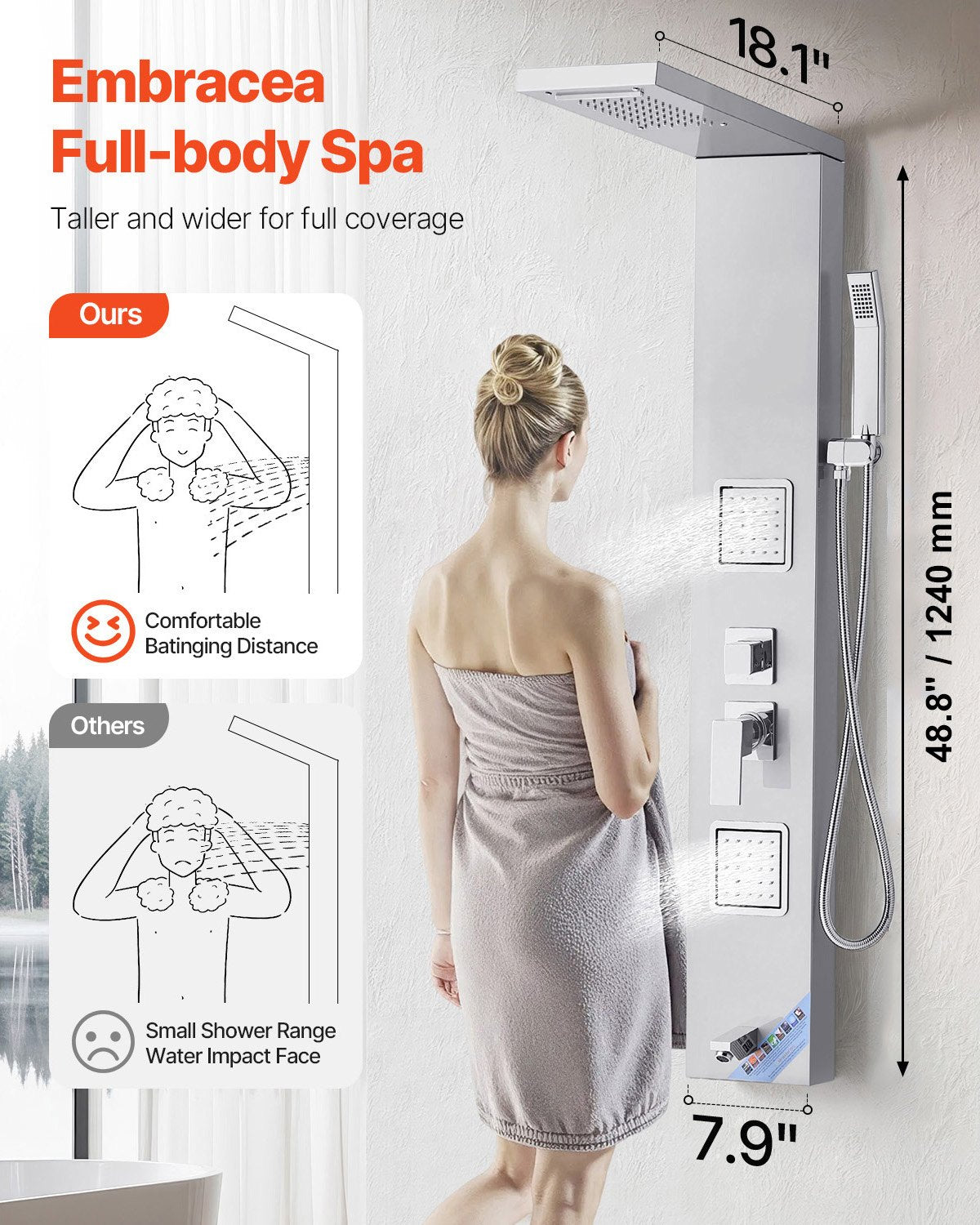 Shower Panel Tower System with Rainfall Waterfall Shower Head, 53 in Brushed Stainless Steel Shower Column, 5-Function Faucet, Wall-Mount Rain Massage System with 2 Body Jet, Handheld, Tub Spout